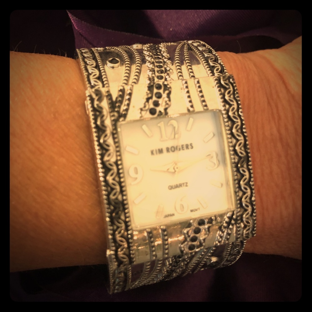 Kim Rogers cuff bracelet watch with rhinestones - black and silver